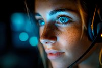 Young woman with freckles and bright blue eyes illuminated by cyan neon light in dark environment, dramatic close-up portrait with bokeh background.