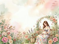 Woman with long brown hair and light skin tone, wearing a flowing floral dress, sitting on a wooden bench surrounded by blooming roses, peonies, and garden flowers with decorative foliage frame.