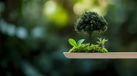 Small decorative bonsai tree growing on wooden plank with moss, green bokeh background creates dreamy atmosphere. Minimalist nature concept for zen gardens.