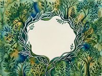 Watercolor green forest frame with decorative leaves and blank center space for text, painted in lush emerald and teal tones.