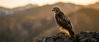 Hawk perched on rocky outcrop at sunset with blurred mountain landscape background, wildlife photography for nature and outdoor design projects.