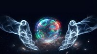 Glowing digital Earth sphere floating between translucent hands in cosmic space with stars and nebula background for technology and environmental concepts.