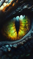 Extreme close-up of mysterious reptilian eye with vertical pupil and vibrant yellow-green iris showing intricate details and textures against dark scaly skin.