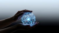 Hands holding glowing blue digital globe network sphere against dark background, representing global connectivity, technology, and data communication for business concepts.