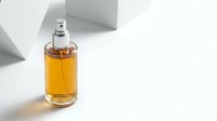 Luxury amber perfume bottle with silver spray pump on white background with geometric shadows for cosmetic and fragrance product photography.