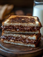 Grilled sandwich with melted chocolate spread on toasted bread served on wooden plate with milk glass in background for comfort food concepts.