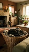 Cozy rustic living room interior with tabby cat sleeping in wicker basket, featuring stone fireplace, wooden furniture and houseplants for home decor.