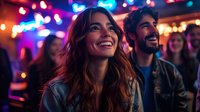 Young Caucasian woman with radiant smile enjoying nightlife with bearded man in background, colorful club lights creating festive atmosphere.