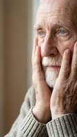 Elderly Caucasian man with white beard holding face in hands showing worry, stress or contemplation in soft natural lighting for mental health concepts.