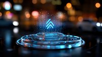 Futuristic hologram projection with glowing blue arrow and digital particles creating concentric ripple effects against dark background with bokeh lights.