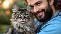 Bearded young man in blue shirt smiling while holding fluffy Maine Coon cat outdoors. Natural bokeh background creates warm atmosphere for pet companionship.