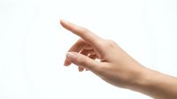 Close-up of a hand gesture showing thumb and forefinger pinching together, isolated on white background for communication, measurement, or size indication concepts.