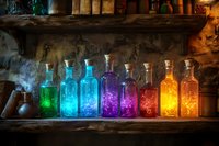 Glowing magical potion bottles arranged in rainbow colors on rustic wooden shelf with mystical smoke and atmospheric lighting create enchanted alchemist laboratory scene.