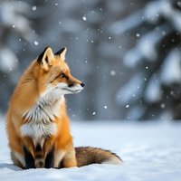 Red fox sitting in snow during winter snowfall with blurred forest background. Wildlife photography capturing natural behavior in cold season habitat.