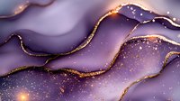 Luxurious purple and gold abstract waves with glitter effect create elegant flowing pattern. Golden sparkles and light trails add magical luminous accents on violet background.