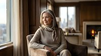 Mature Caucasian woman in cozy sweater sitting by window in luxury living room with fireplace, contemplating peaceful moment at home.