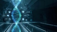 Glowing DNA helix with medical icons and data analytics symbols in futuristic laboratory environment for healthcare and biotechnology concepts.
