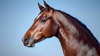 Majestic brown horse head profile against blue sky background showcasing strong facial features, muscular neck and alert expression. Professional equine portrait.
