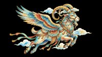 Ornate winged goat with golden horns in traditional Asian art style, isolated on transparent background. Great for stickers, t-shirt design, print on demand, sublimation.