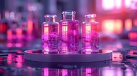 Glass vials with glowing pink liquid on circular platform against blurred neon background create futuristic laboratory atmosphere for science and technology concepts.