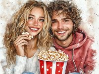 Young couple sharing popcorn and laughing together, blonde woman with freckles and curly-haired man in pink hoodie enjoying movie night entertainment.