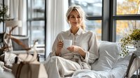 Mature woman with blonde hair, fair complexion, wearing casual beige linen shirt, holding white mug while sitting on comfortable sofa near large windows with autumn view, relaxed home lifestyle setting.