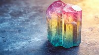 Rainbow fluorite crystal on dark textured surface with ethereal lighting, displaying vibrant gradient colors from pink to yellow to turquoise in natural formation.