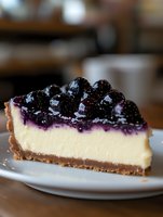 Slice of creamy cheesecake topped with fresh blueberry compote on white plate, featuring graham cracker crust and smooth vanilla filling with purple berry swirl.