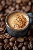 Fresh espresso with golden crema foam in dark ceramic cup surrounded by roasted coffee beans, macro shot with selective focus and rich details.