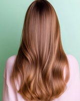Back view of long straight copper brown hair on young woman wearing pink sweater against mint green background. Professional hairstyling demonstrates healthy, shiny hair texture.