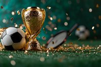 Golden trophy with soccer ball and tennis racket on green surface with falling confetti, celebrating sports championship victory.