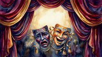 Theatrical tragedy and comedy masks with ornate gold details hang beneath luxurious velvet curtains in rich burgundy and gold tones, evoking classic stage drama and performing arts.