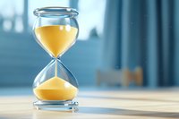 Elegant hourglass with flowing golden sand on wooden table against blue background, measuring time passage in soft natural lighting. Concept of deadline and time management.