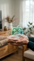 Elderly hands holding holographic gaming controller with digital effects in cozy living room representing modern technology and senior gaming lifestyle.