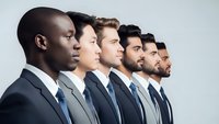 Diverse group of professional businessmen in suits standing in profile line showing teamwork and corporate leadership for business presentations.