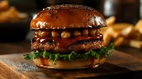 Gourmet burger with melted cheese, caramelized onions and fresh lettuce on glossy brioche bun, served on rustic wooden board in dark restaurant setting.