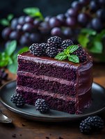 Rich chocolate layer cake slice garnished with fresh blackberries and mint leaves on dark plate, moody lighting with grapes in background, food photography.