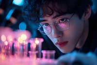Young Asian male with glasses in neon-lit environment, dramatic portrait with pink and blue lighting creates cyberpunk atmosphere, shallow depth of field highlights reflective lenses.