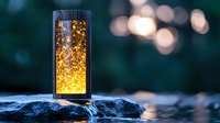 Glowing golden particles floating in glass cylinder on natural stone with blurred bokeh background creates magical atmospheric scene for spiritual concepts.