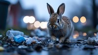 Curious wild rabbit near discarded medical mask on urban street with bokeh lights in evening, highlighting environmental impact of pandemic waste on wildlife.