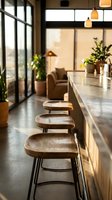 Modern cafe interior with wooden bar stools along counter, pendant lights, potted plants, and natural light from large windows creating warm, inviting atmosphere for hospitality design.