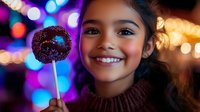 Young girl with dark hair and medium skin tone, smiling while holding a glittery lollipop against vibrant neon bokeh lights in purple, blue, and warm tones. Suitable for candy, childhood joy, and festive campaigns.