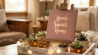 Cozy living room interior with Home Sweet Home sign, succulents and warm lighting creating welcoming atmosphere for home decor and lifestyle concepts.