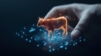 Glowing holographic cow projection above hand with futuristic digital effects and magical blue particles, representing agricultural technology and smart farming.