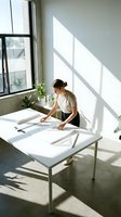 Female architect or designer reviewing blueprints at white desk in bright, minimalist office space with natural sunlight and potted plants.