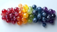 Colorful rainbow made of translucent glass spheres arranged in gradient order from red to purple on white background, creating artistic composition with light reflection.