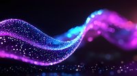 Glowing neon wave with sparkling particles flowing on dark background, vibrant blue and purple colors create dynamic motion effect for abstract designs.