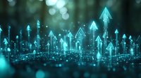 Glowing turquoise arrows rising upward against dark background with bokeh effect, representing business growth, success and digital transformation concept.