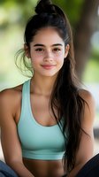 Young Asian woman with natural makeup and long dark hair in mint sports bra smiling at camera during outdoor fitness workout. Perfect for wellness and lifestyle content.