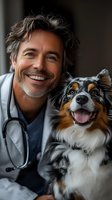 Mature male veterinarian with gray hair and friendly smile poses with happy Australian shepherd dog during checkup, showing caring relationship between vet and patient.
